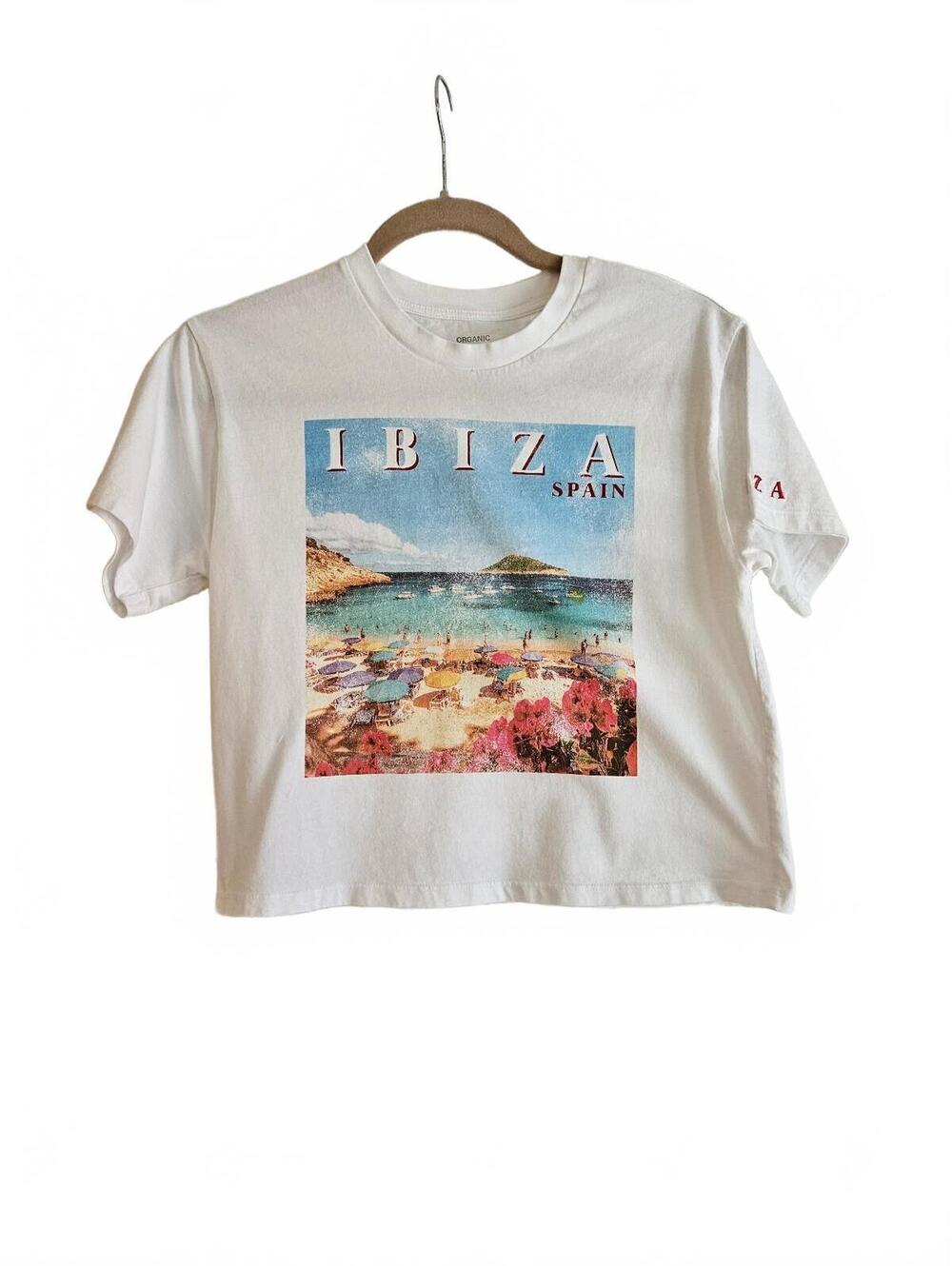 Organic Generation Ibiza Spain Retro Cropped Graphic White Cotton T-Shirt XS